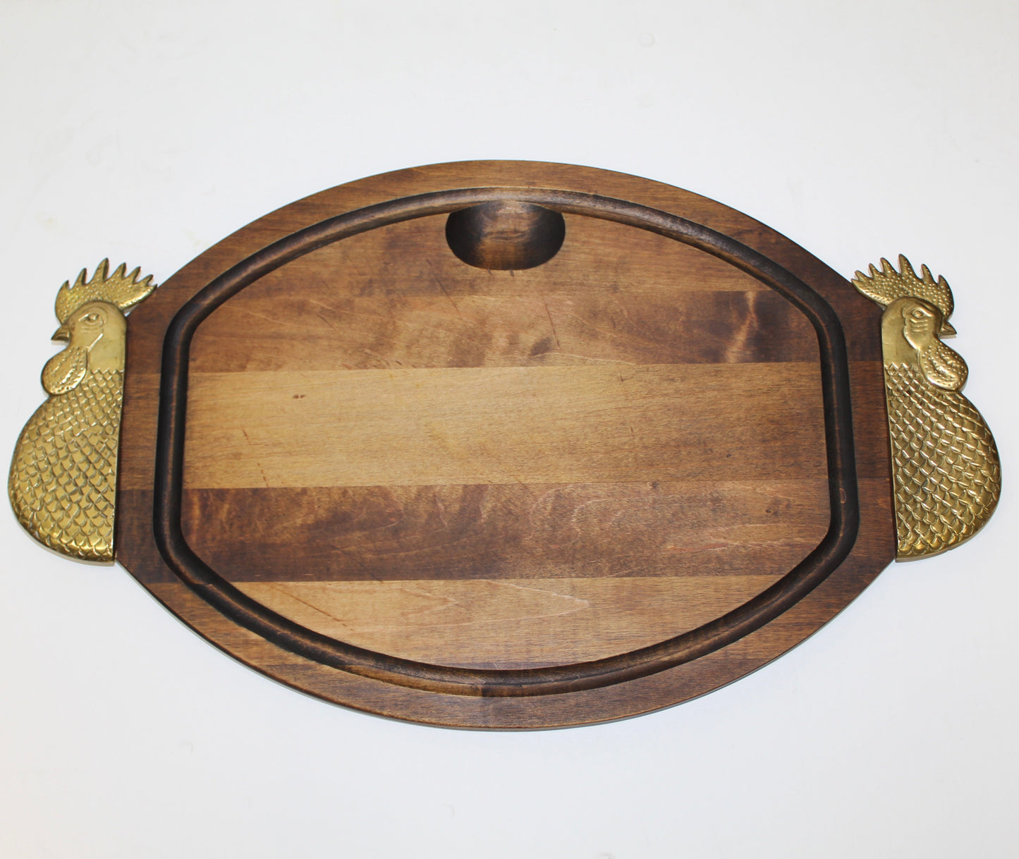 Vinage Brass Rooster Handles Wood Cutting Board/ Serving Tray