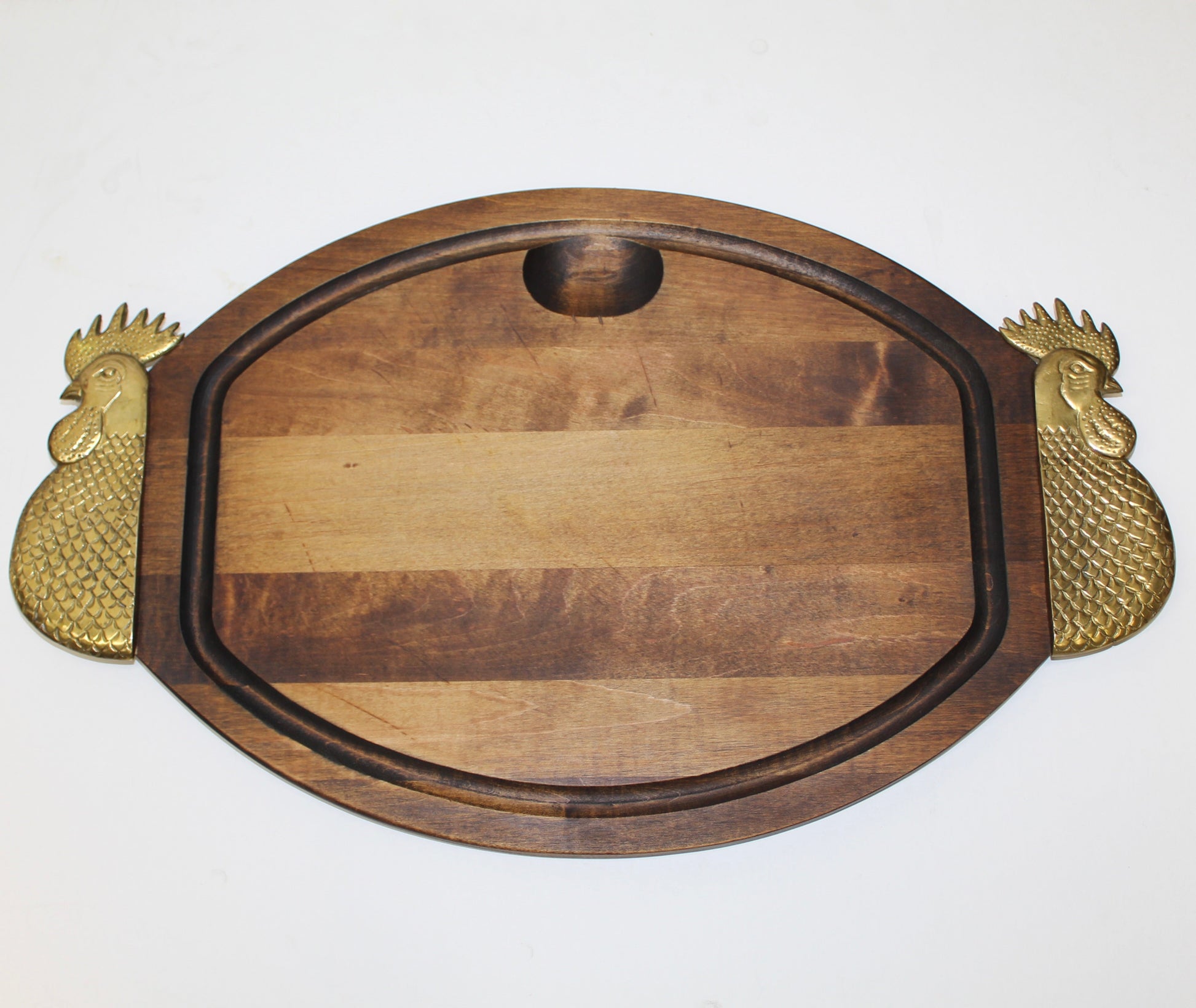 Vinage Brass Rooster Handles Wood Cutting Board/ Serving Tray