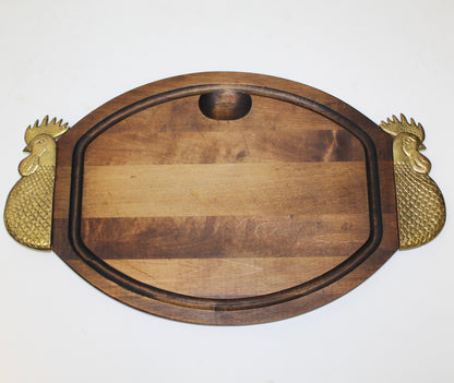 Vinage Brass Rooster Handles Wood Cutting Board/ Serving Tray