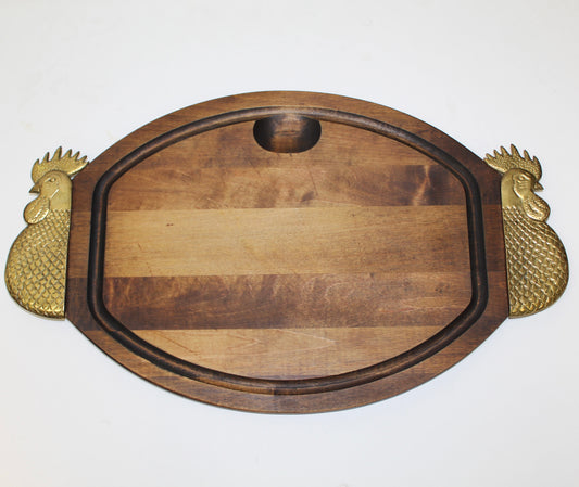 Vinage Brass Rooster Handles Wood Cutting Board/ Serving Tray