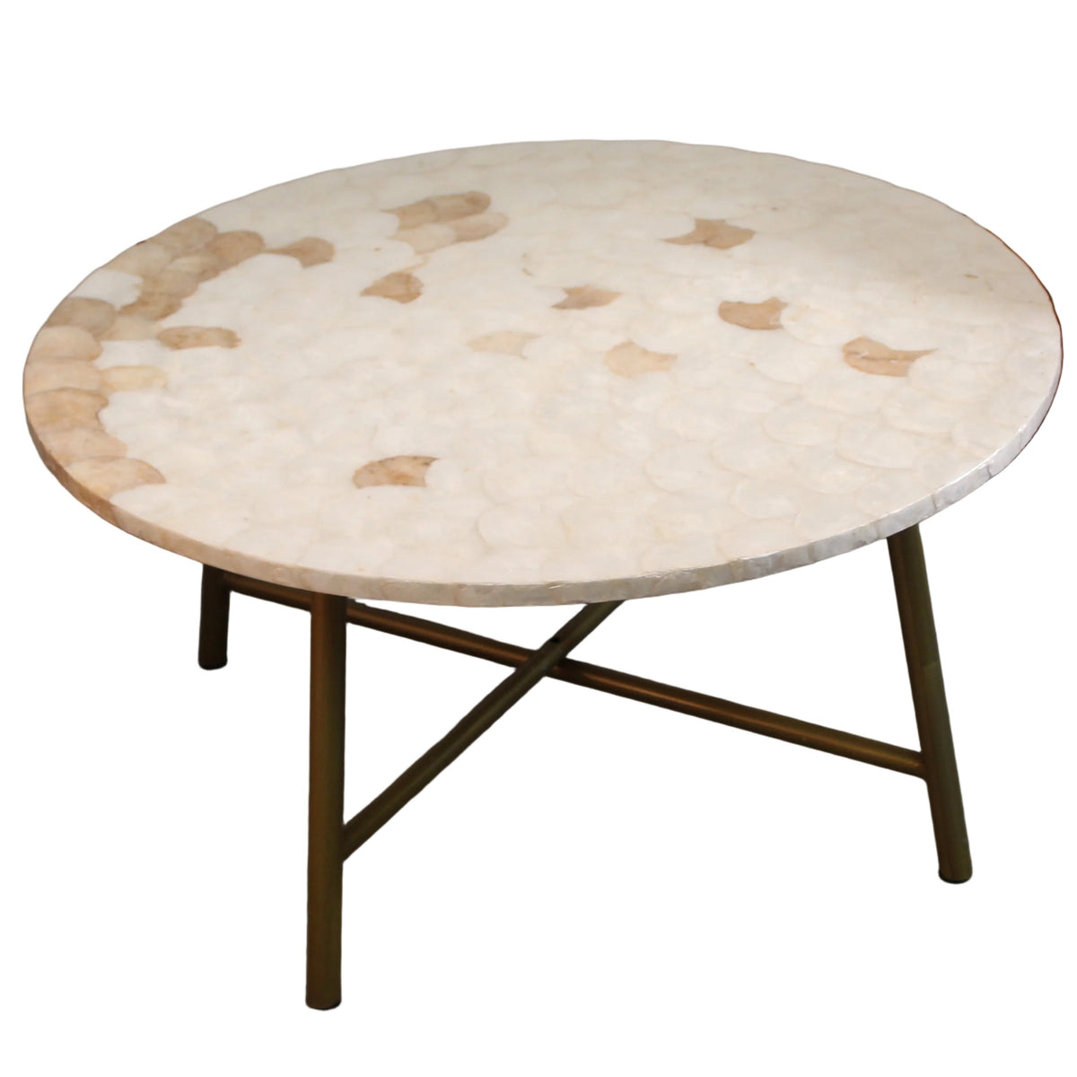 Round Capiz Shell Accent Table – Scalloped Inlay Top with Brass/Gold Legs