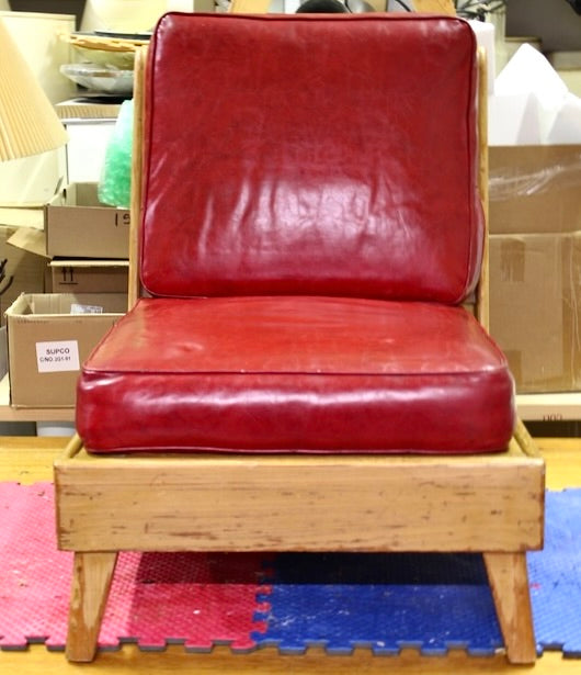 Wood Slipper Chair with Red Vinyl Cushions