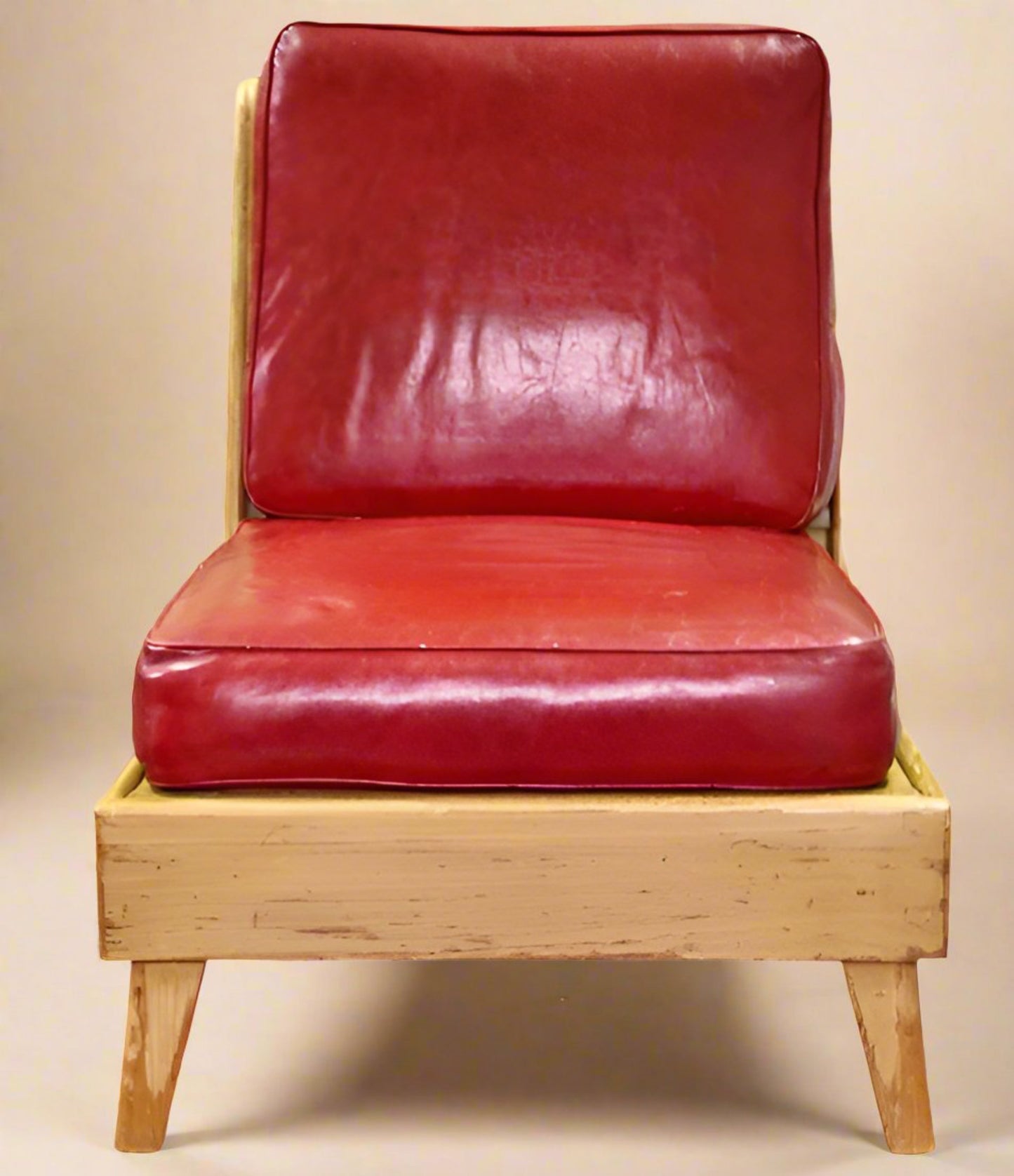 Wood Slipper Chair with Red Vinyl Cushions