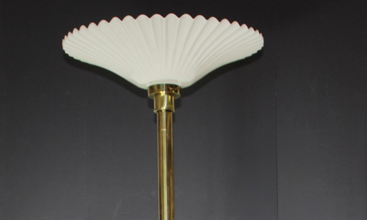 Large Stepped Brass Torchiere Floor Lamp Fluted Shade