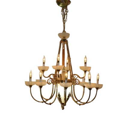 large brass chandelier with 13 lights and frosted glass bobeches