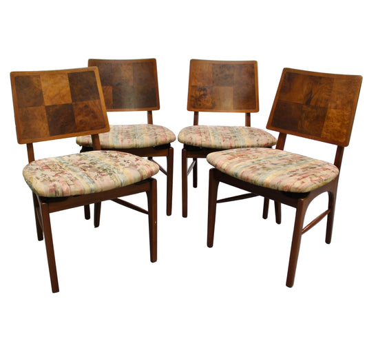 Set of 4 Mid-Century Modern Burlwood Dining Chairs – 1960s Sculpted Teak & Walnut