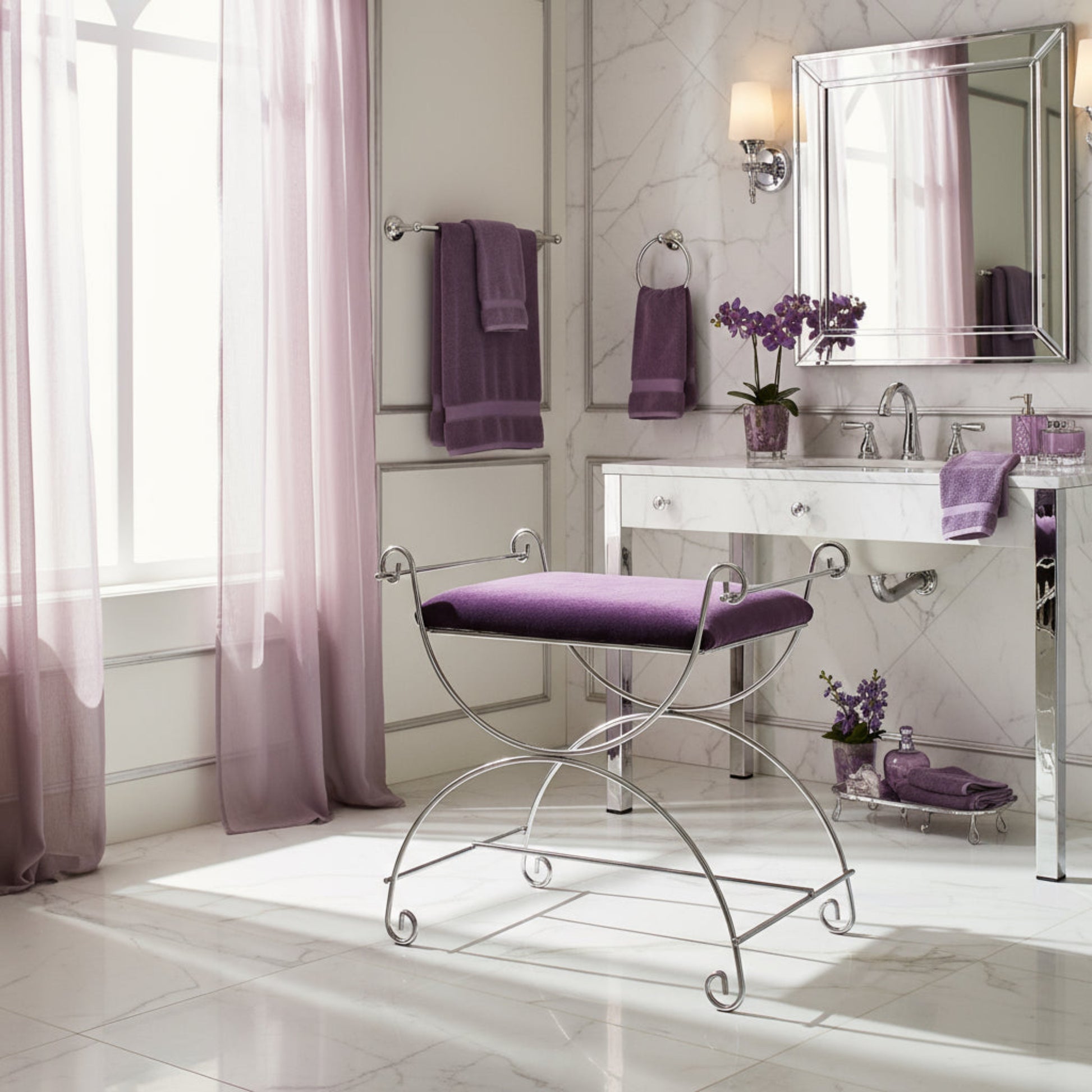 Vintage Vanity Stool with Scrolled Chrome Base