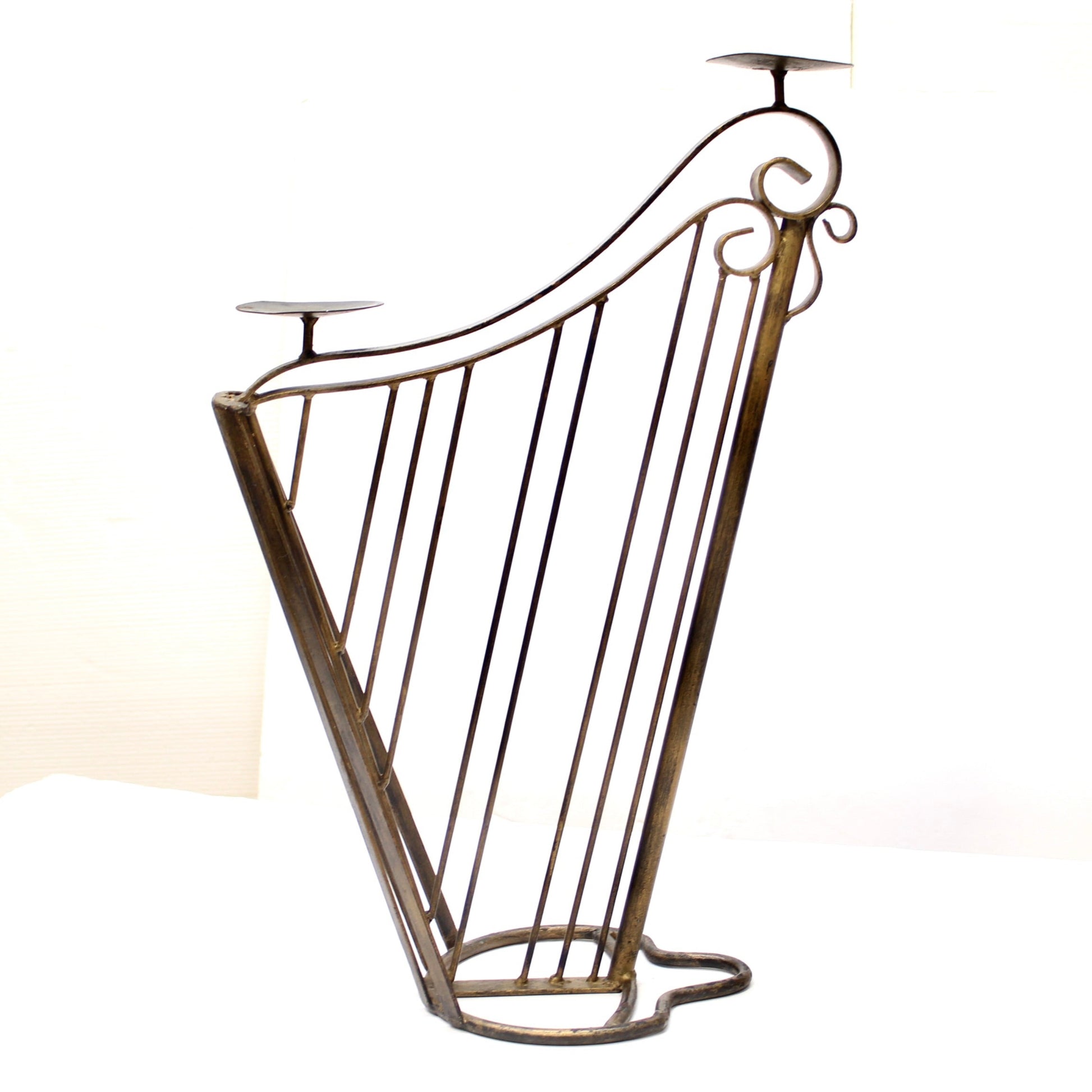 Vintage Wrought Iron Harp Candle Holder Stands | Pair