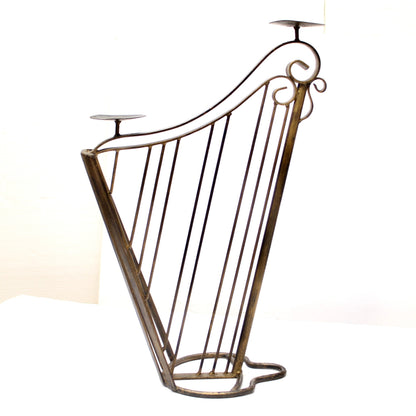 Vintage Wrought Iron Harp Candle Holder Stands | Pair