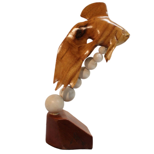 Vintage Hand-Carved Artisan Wood Fish Sculpture on "Bubble" Stand