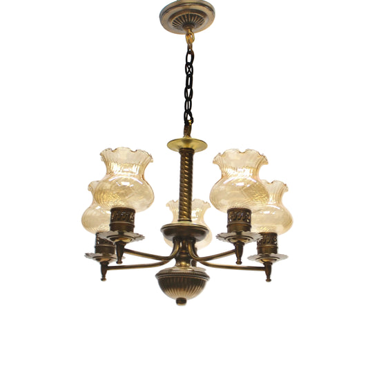 Vintage Brass 5-Light Chandelier with Ruffled Amber Glass Shades