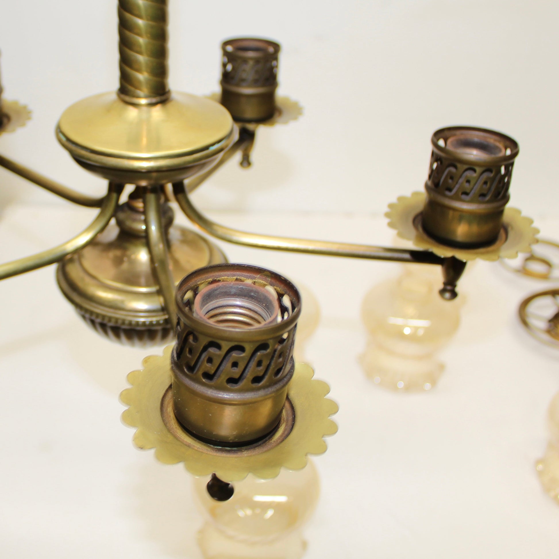 Vintage Brass 5-Light Chandelier with Ruffled Amber Glass Shades