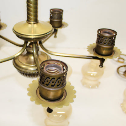 Vintage Brass 5-Light Chandelier with Ruffled Amber Glass Shades