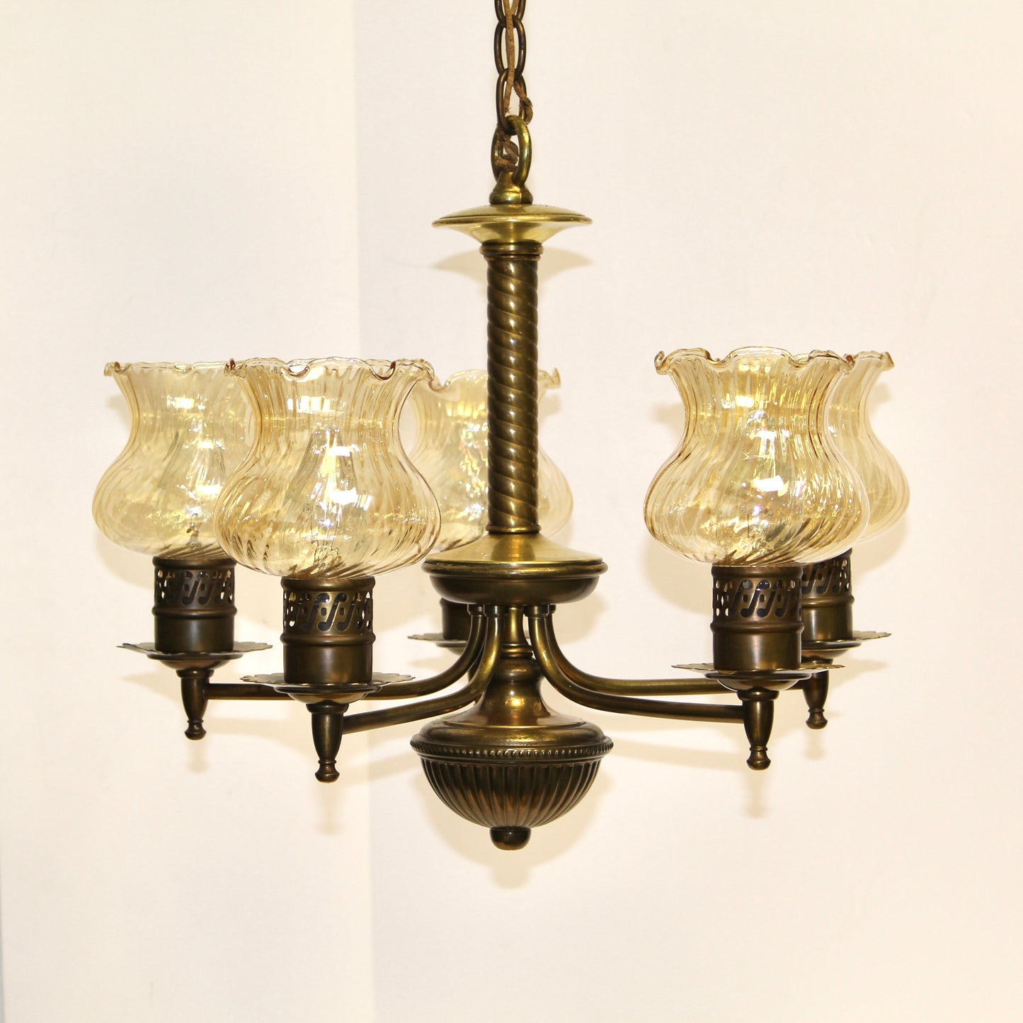 Antique 5 Arm Chandelier | Opalescent Amber Glass Shades