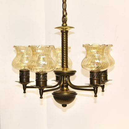 Antique 5 Arm Chandelier | Opalescent Amber Glass Shades