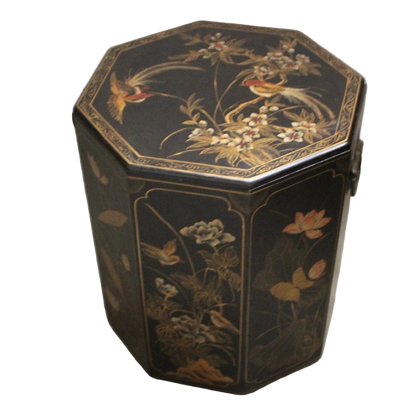 Storage bin withhand-painted gold, floral, and bird motifs. 