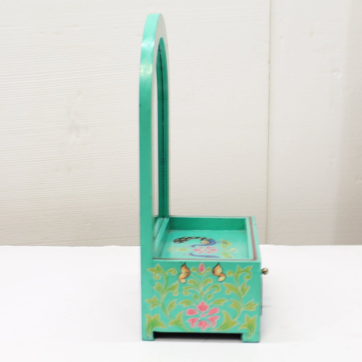Vintage Hand-Painted Peacock Motif Jewelry Box w/ Mirror