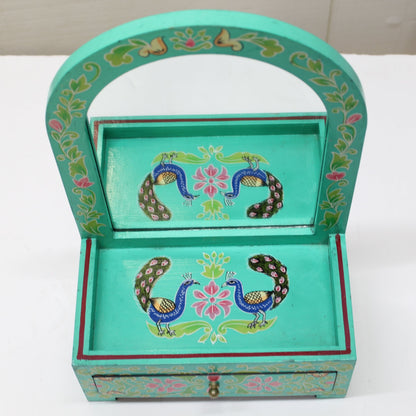 Vintage Hand-Painted Peacock Motif Jewelry Box w/ Mirror