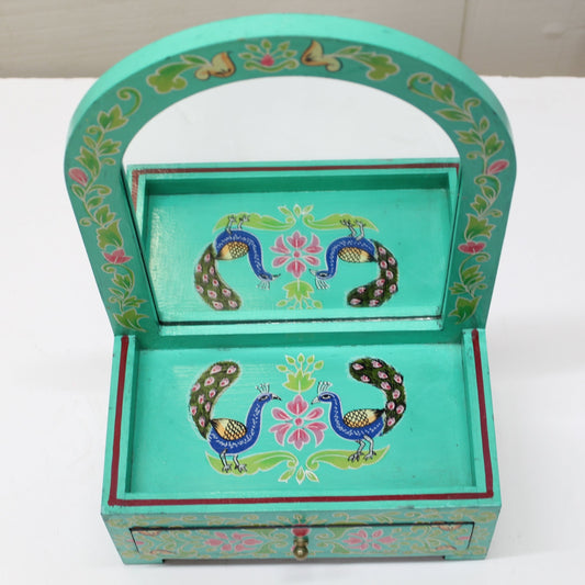Vintage Hand-Painted Peacock Motif Jewelry Box w/ Mirror