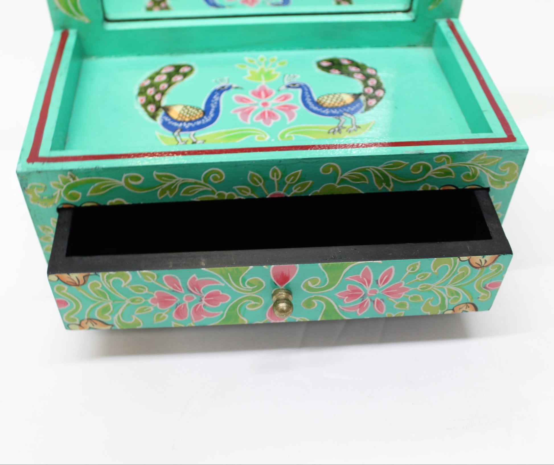 Vintage Hand-Painted Peacock Motif Jewelry Box w/ Mirror