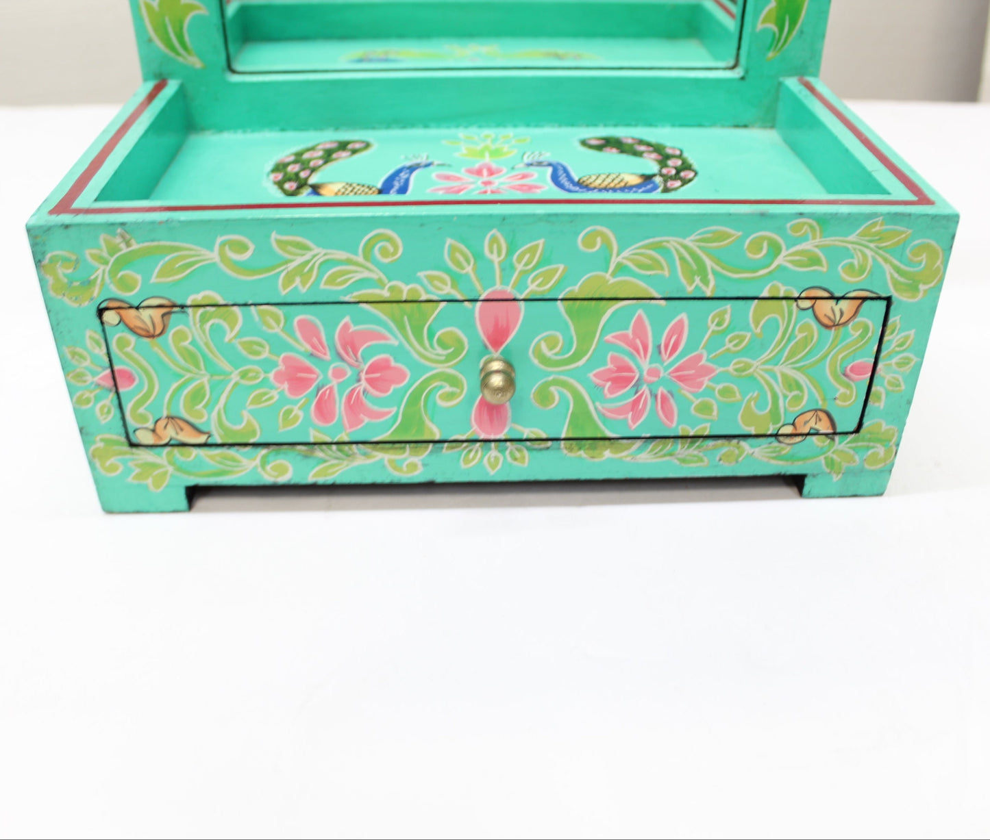 Vintage Hand-Painted Peacock Motif Jewelry Box w/ Mirror