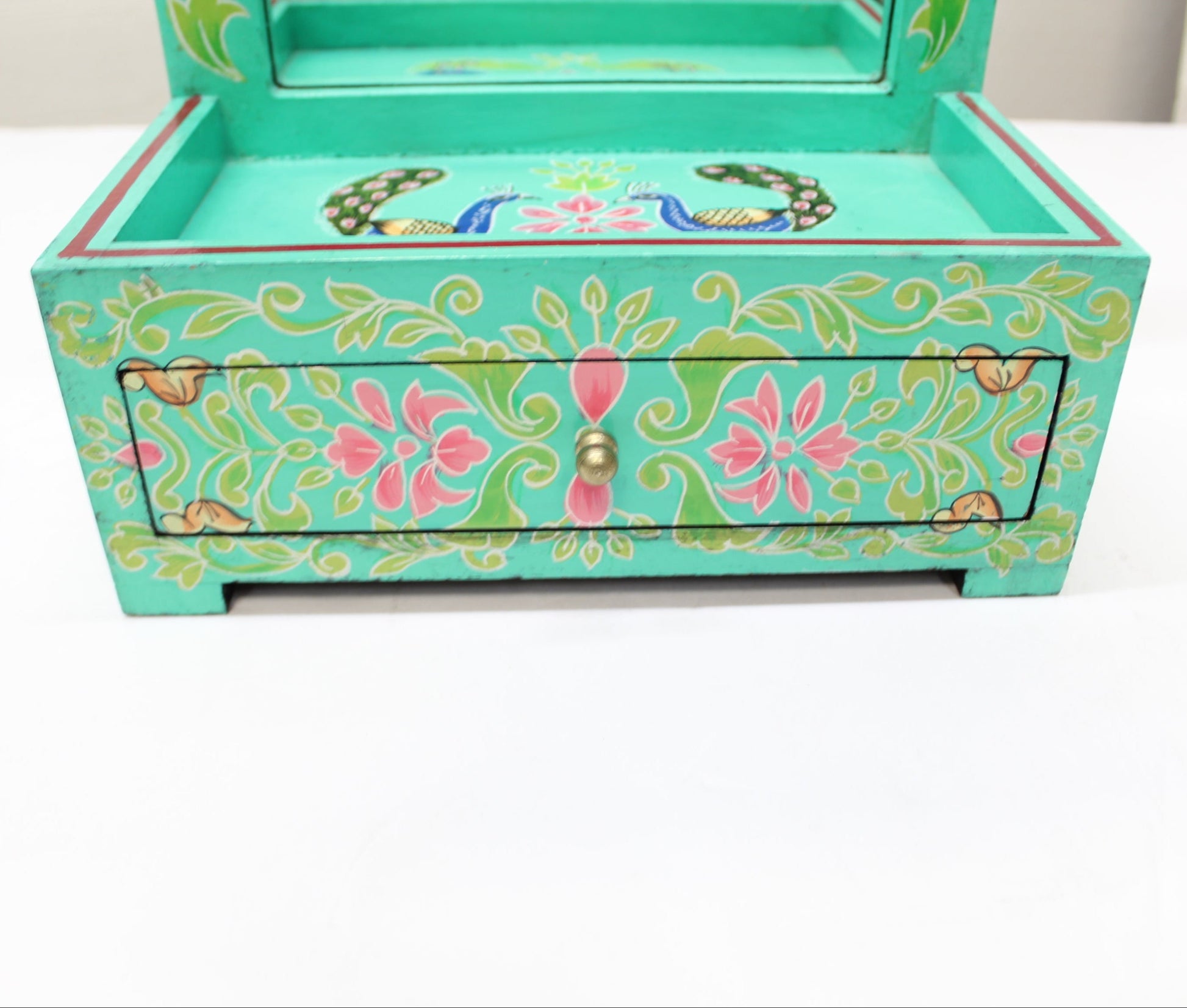 Vintage Hand-Painted Peacock Motif Jewelry Box w/ Mirror