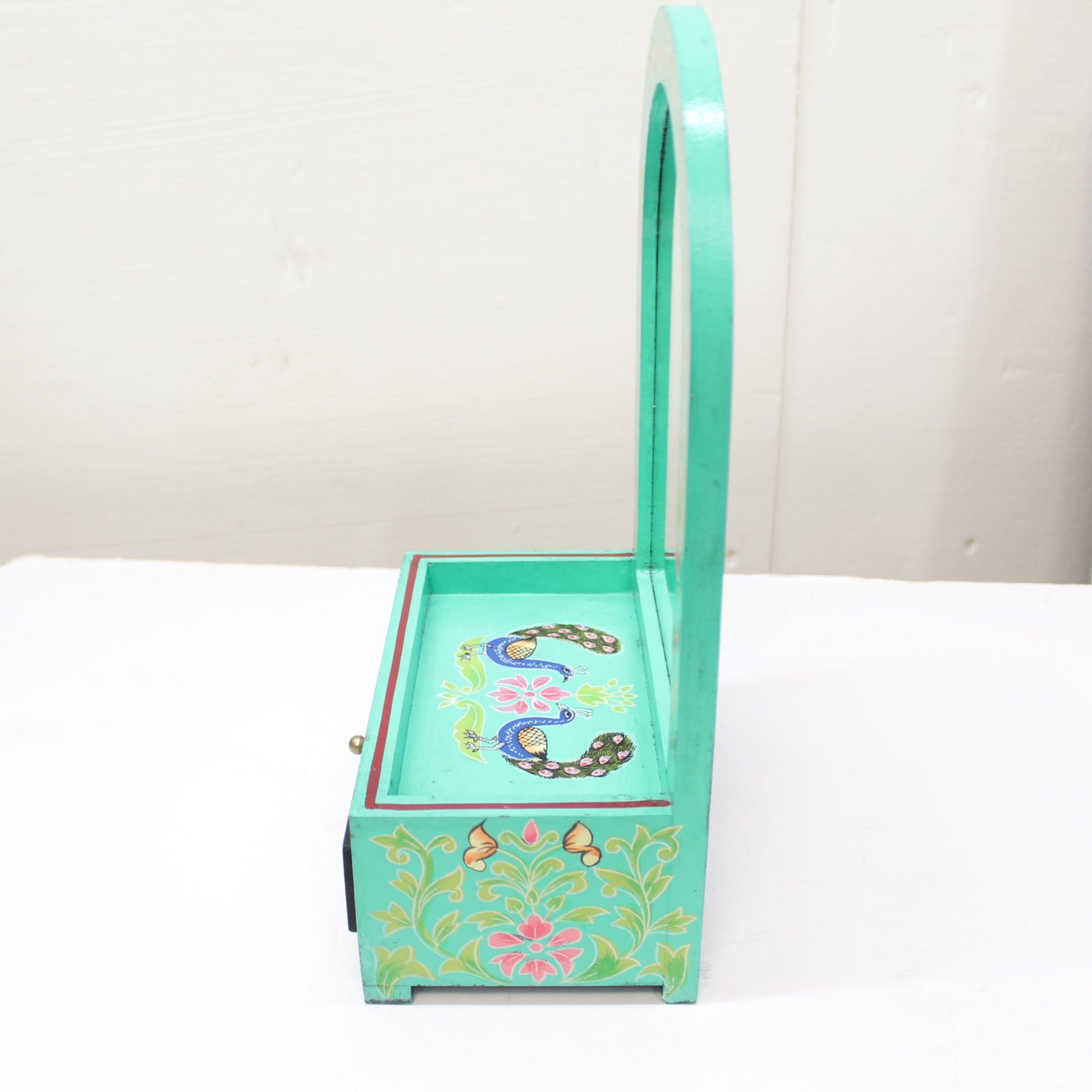 Vintage Hand-Painted Peacock Motif Jewelry Box w/ Mirror