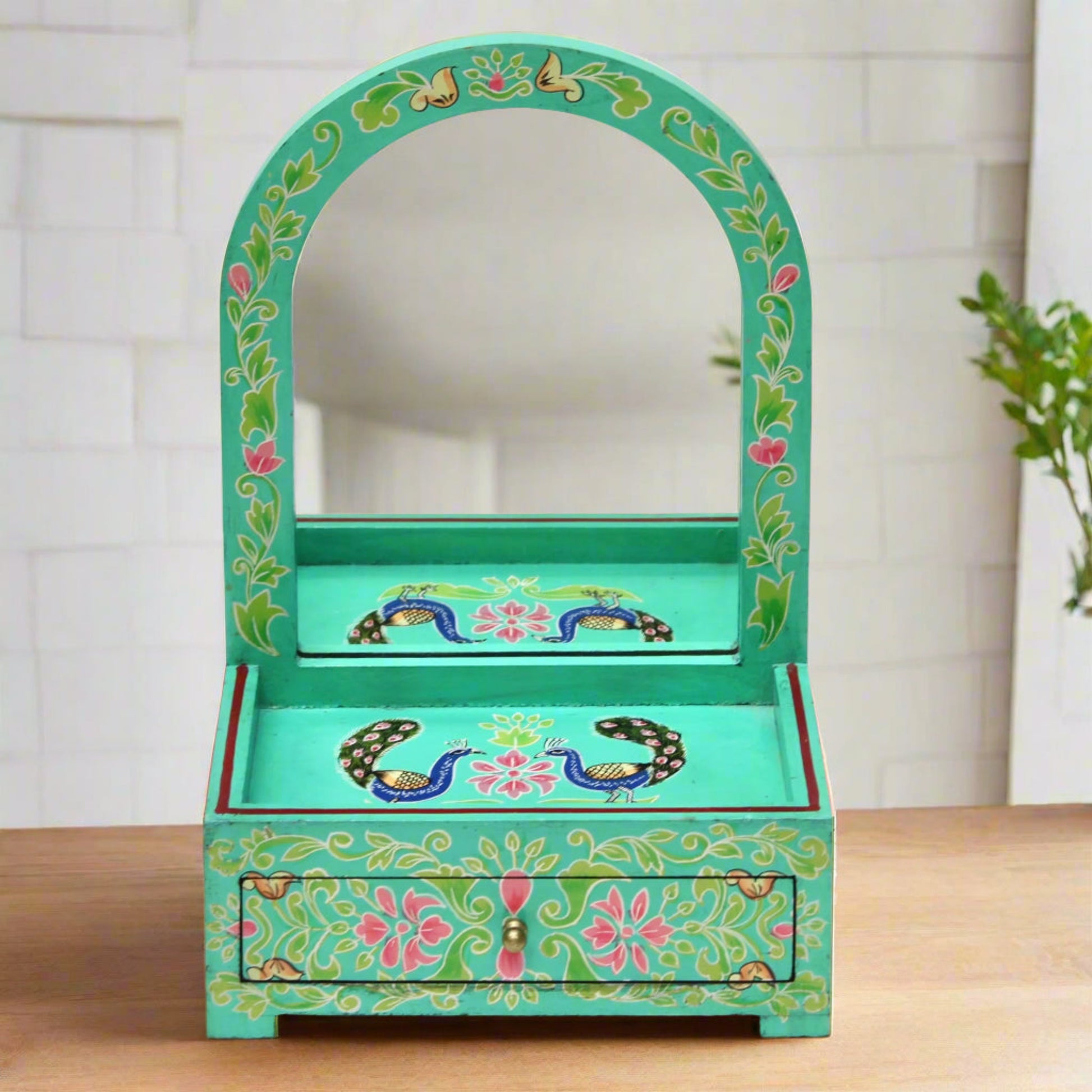 Hand-Painted Peacock Motif Jewely Box w/ Mirror