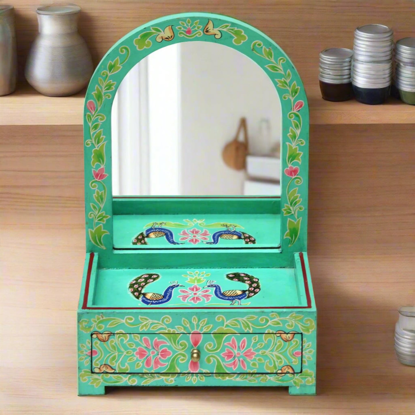Vintage Hand-Painted Peacock Motif Jewelry Box w/ Mirror