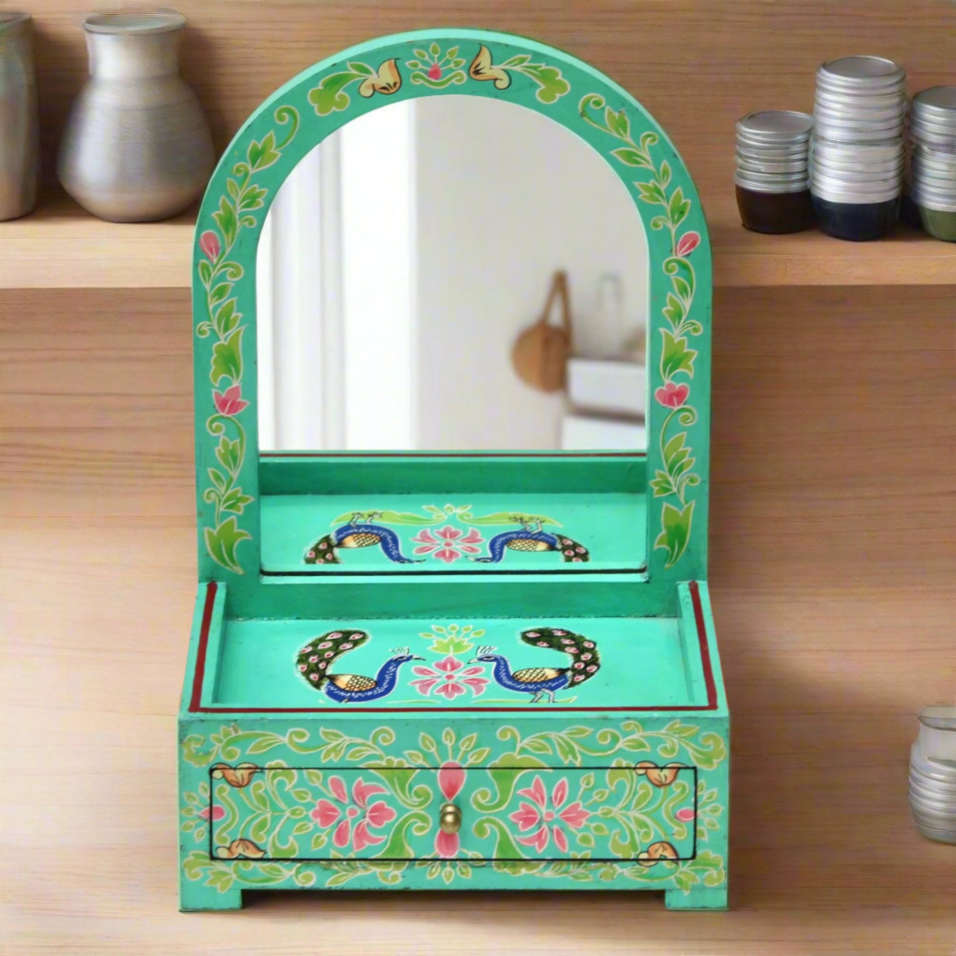 Vintage Hand-Painted Peacock Motif Jewelry Box w/ Mirror