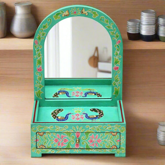 Vintage Hand-Painted Peacock Motif Jewelry Box w/ Mirror