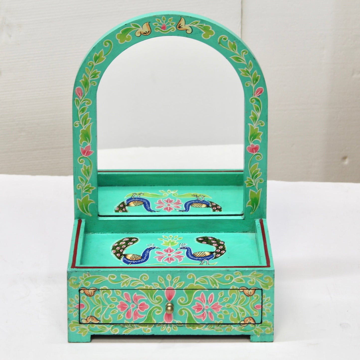 Vintage Hand-Painted Peacock Motif Jewelry Box w/ Mirror