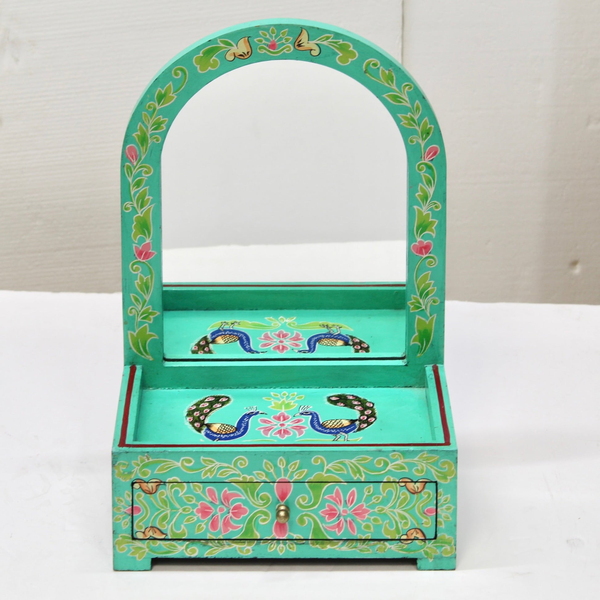 Vintage Hand-Painted Peacock Motif Jewelry Box w/ Mirror