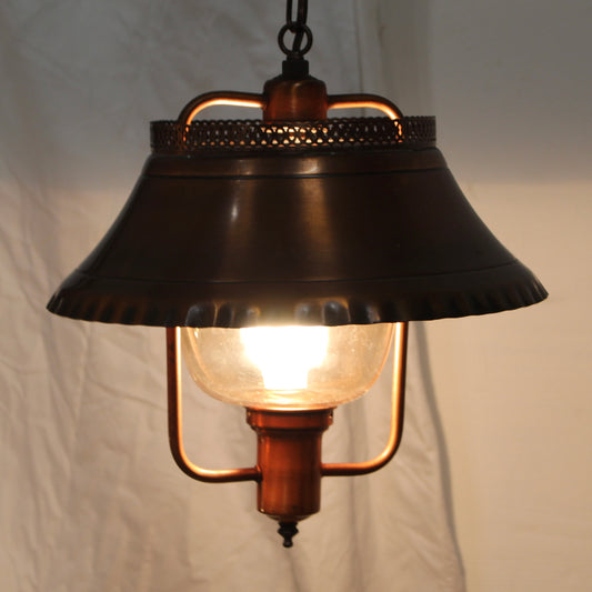Vintage Moe Light Mid-Century Copper Lantern Pendant with Scalloped Shade & Amber Glass Globe. 