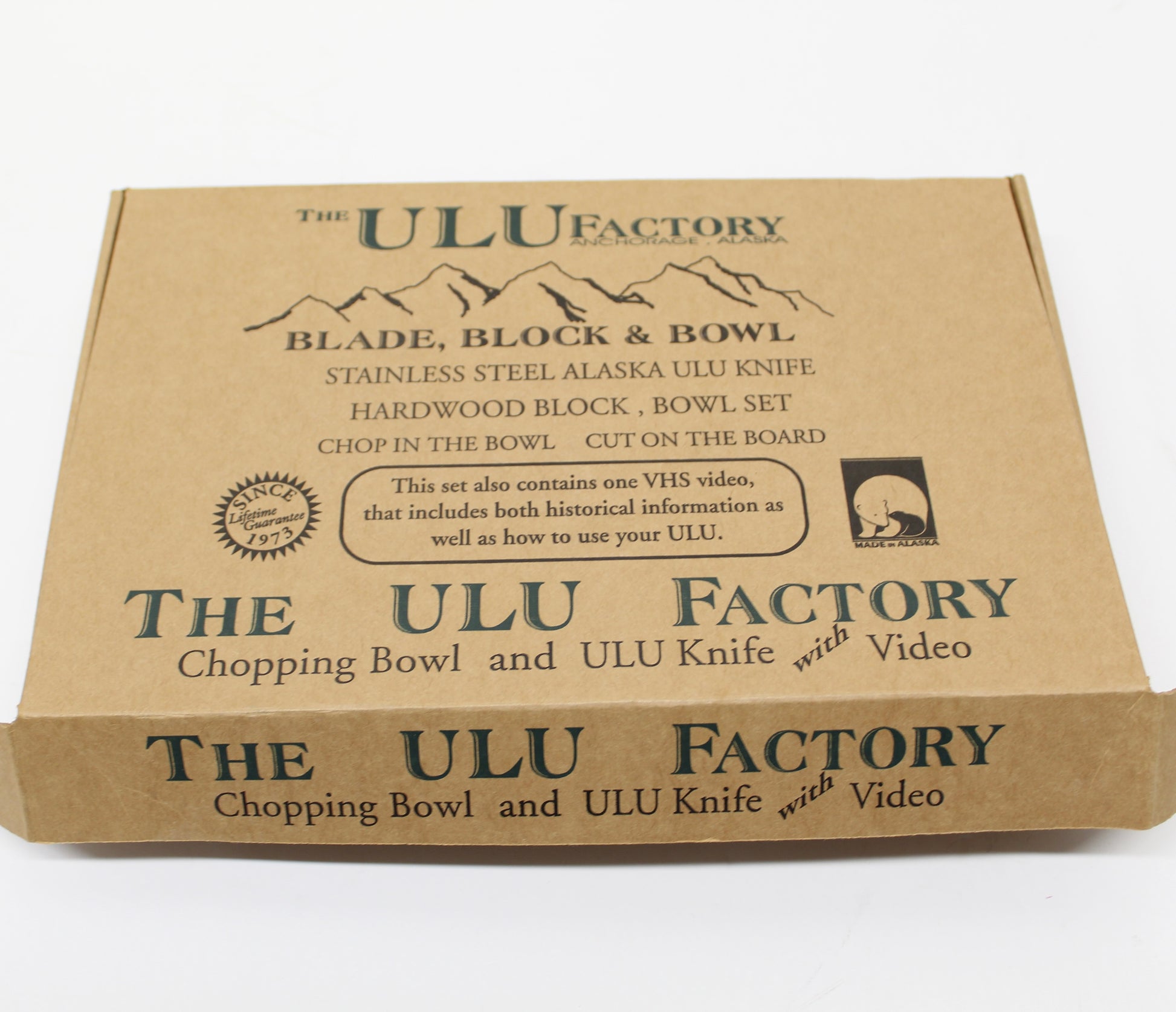 The ULU Factory box labelling contents to include blade, block and bowl Made in Alaska 