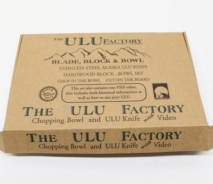 The ULU Factory box labelling contents to include blade, block and bowl Made in Alaska 