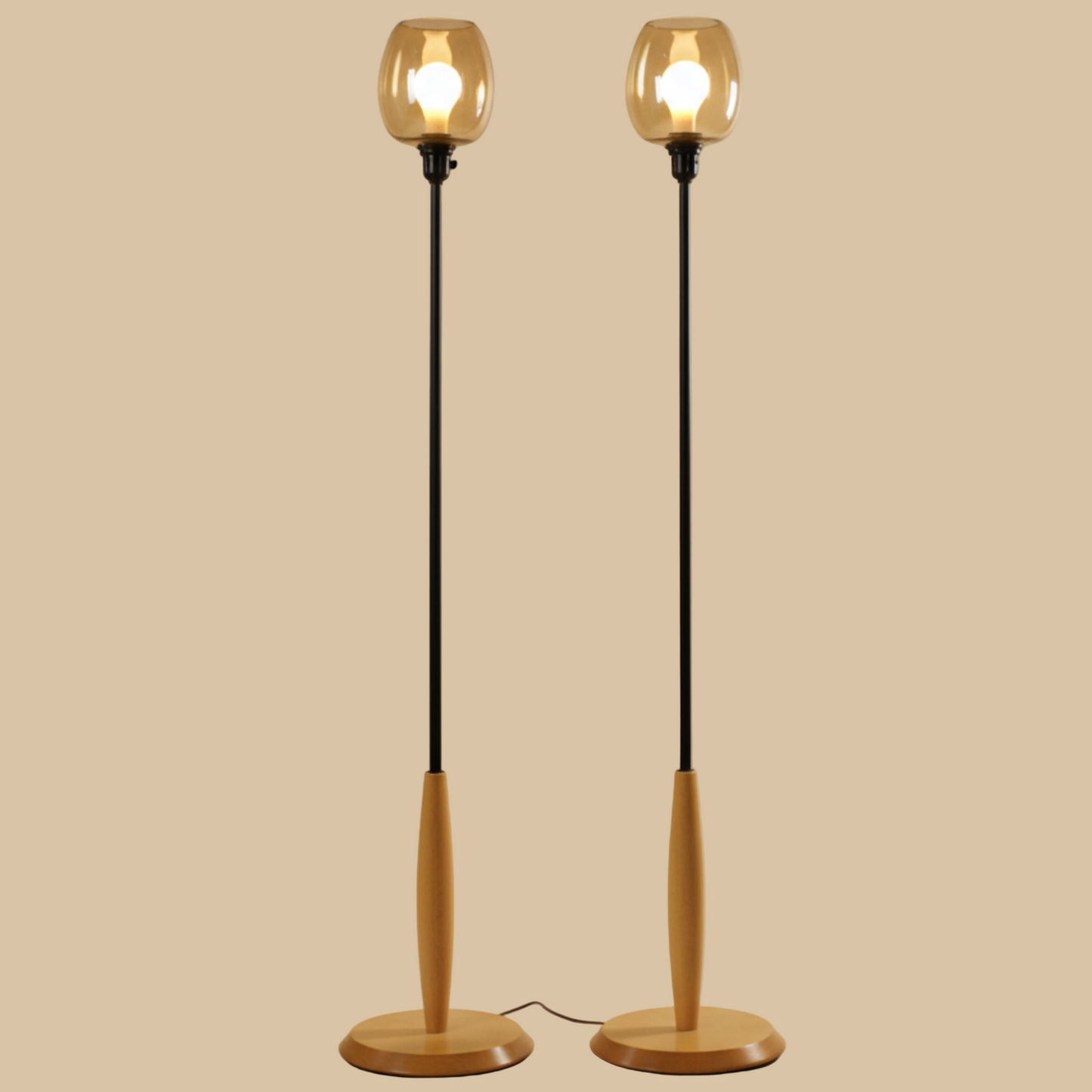 Pair of Vintage Smoke Glass Globe Wood Base Floor Lamp