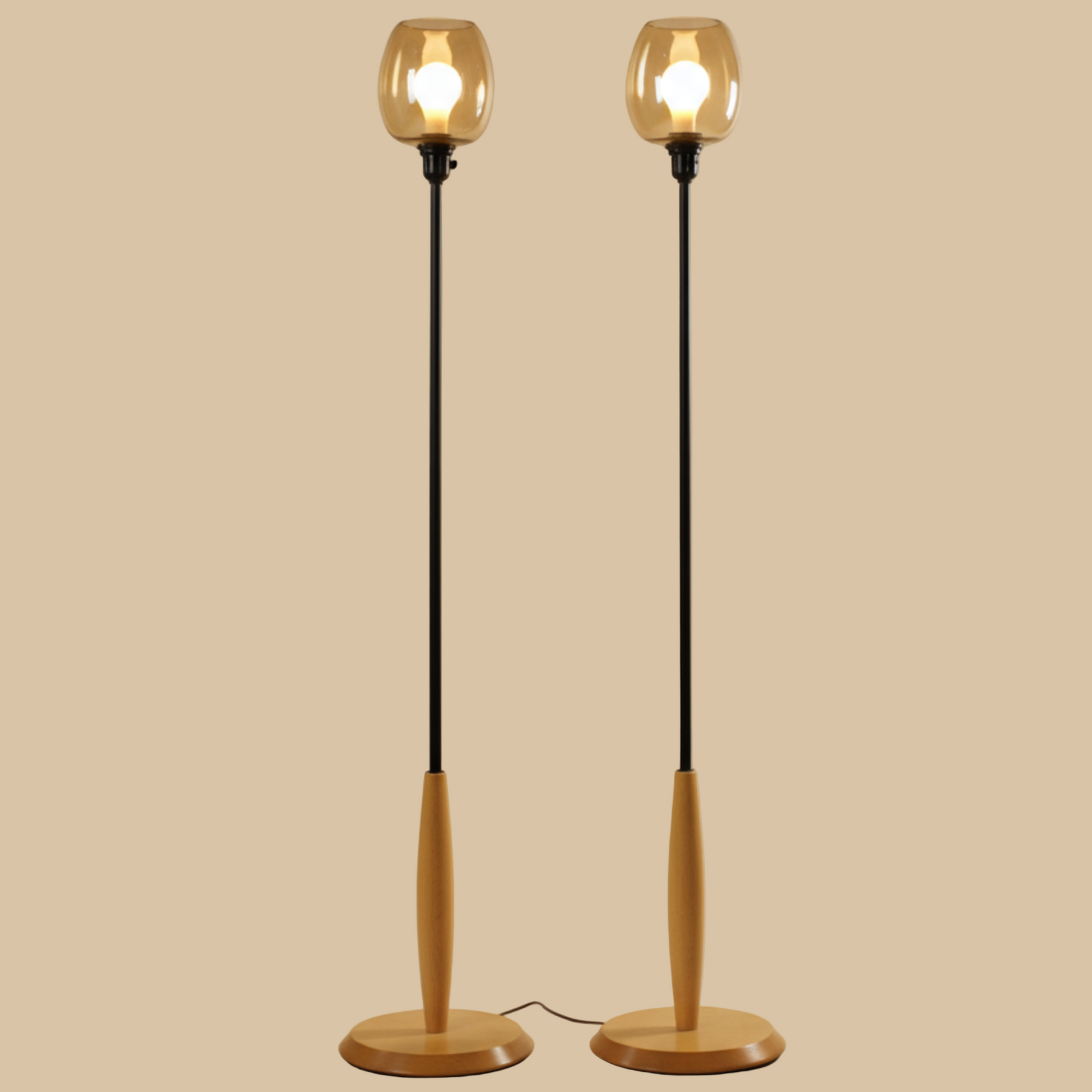 Pair of Vintage Smoke Glass Globe Wood Base Floor Lamp