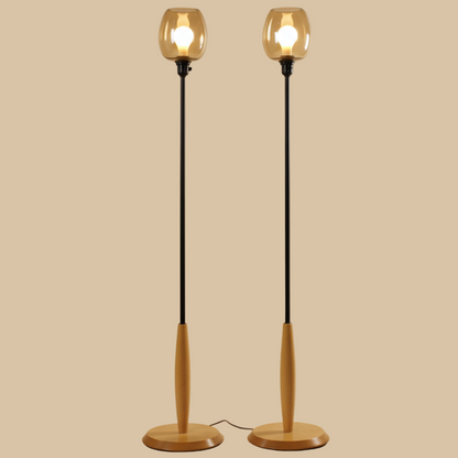 Pair of Vintage Smoke Glass Globe Wood Base Floor Lamp
