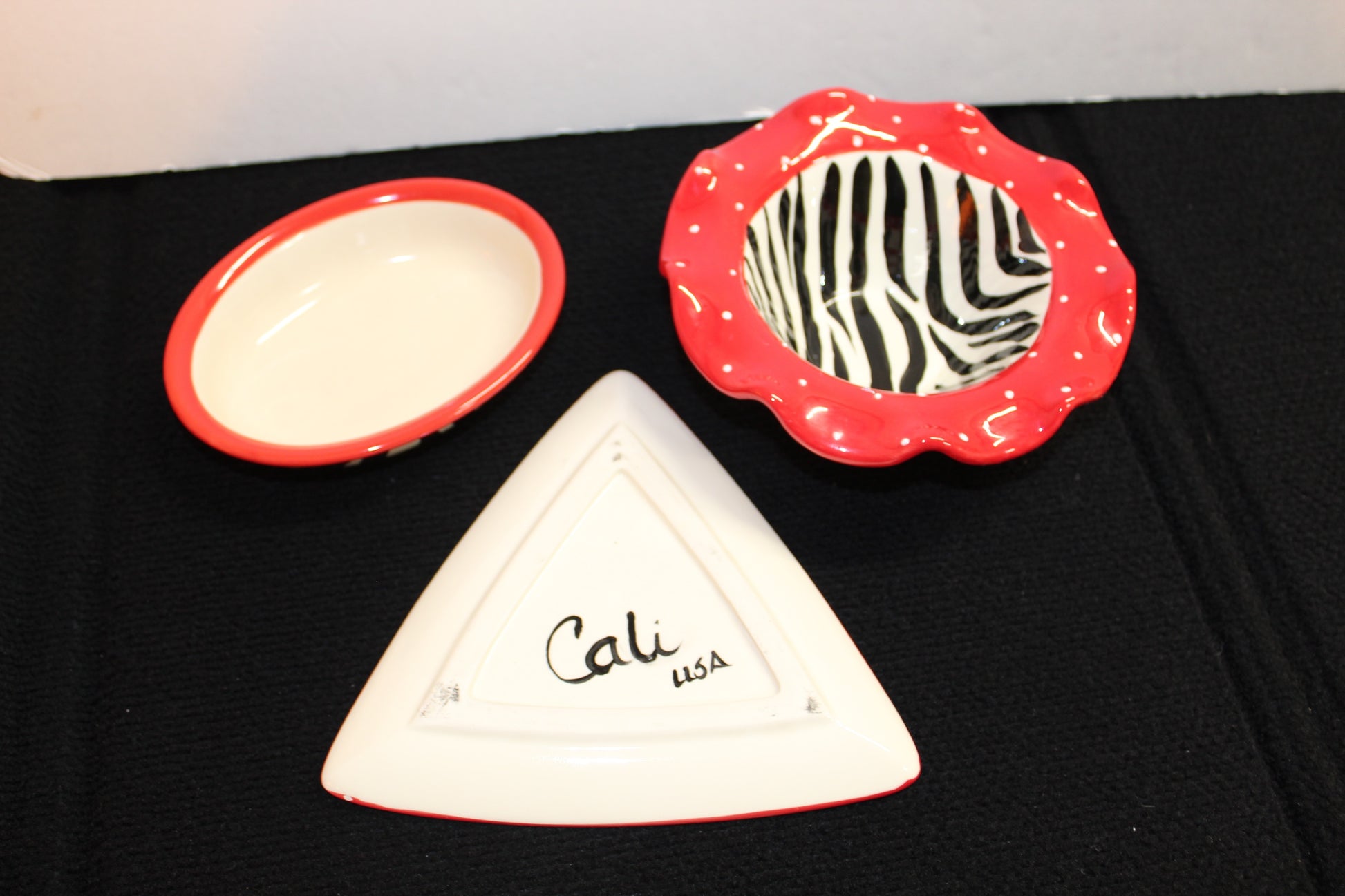 3-Pc Cali USA 1960s Studio Pottery Zebra Trinket Bowls
