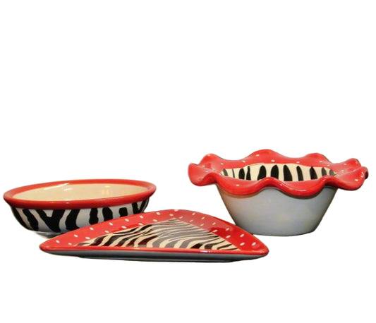 3-Pc Cali USA 1960s Studio Pottery Zebra Trinket Bowls
