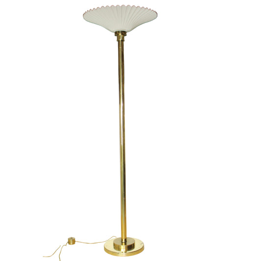 Vintage Brass Torchiere Floor Lamp with Fluted Plastic Shade