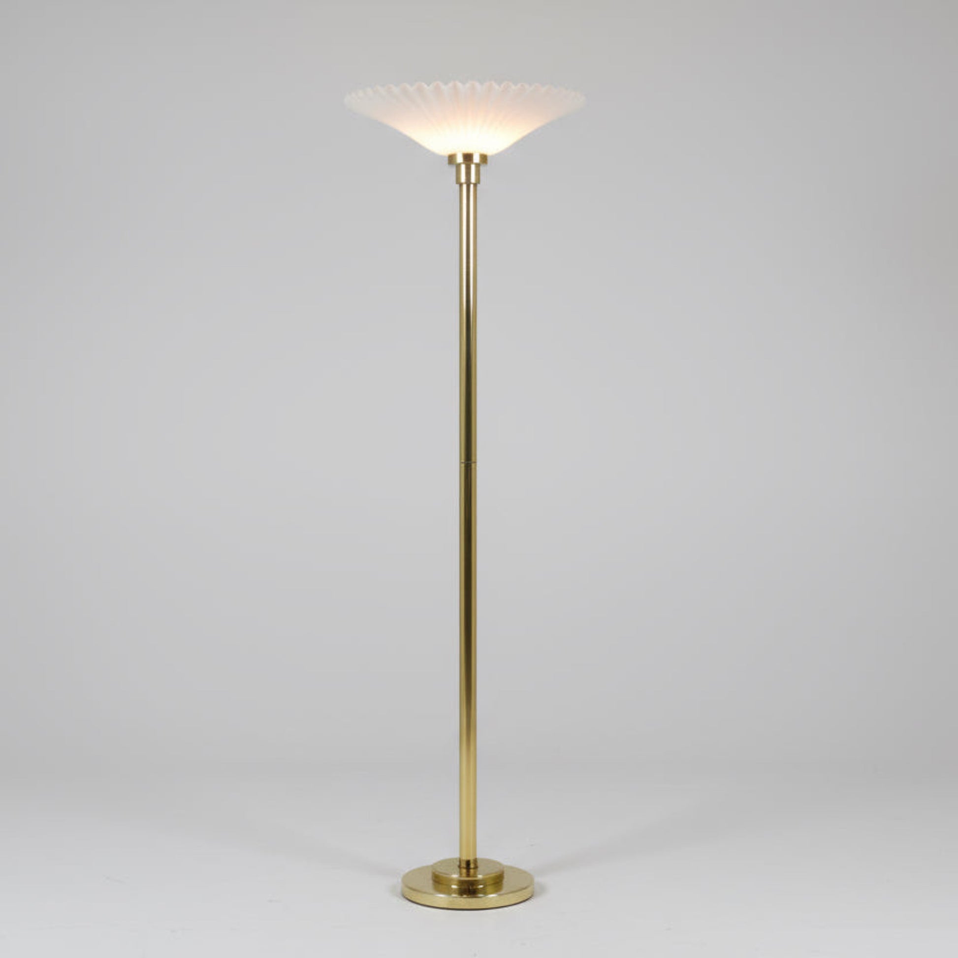 Vintage Brass Torchiere Floor Lamp with Fluted Plastic Shade