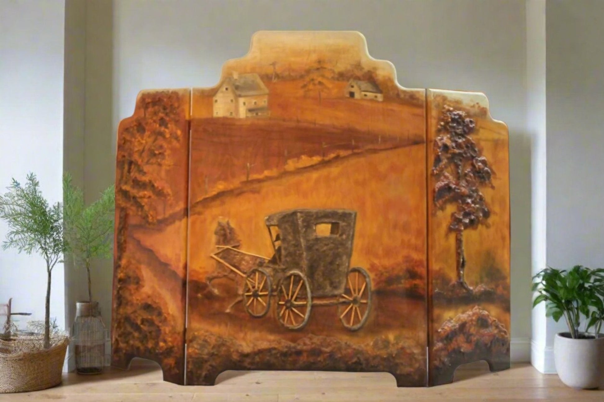 Vintage 3-D Handmade Wood Fireplace Screen