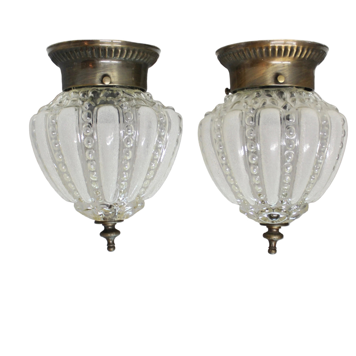 Vintage Art Deco Flush Mount Ceiling Lights Pair - Frosted Ribbed Melon Glass Fixtures - Set of 2.