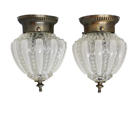Vintage Art Deco Flush Mount Ceiling Lights Pair - Frosted Ribbed Melon Glass Fixtures - Set of 2.