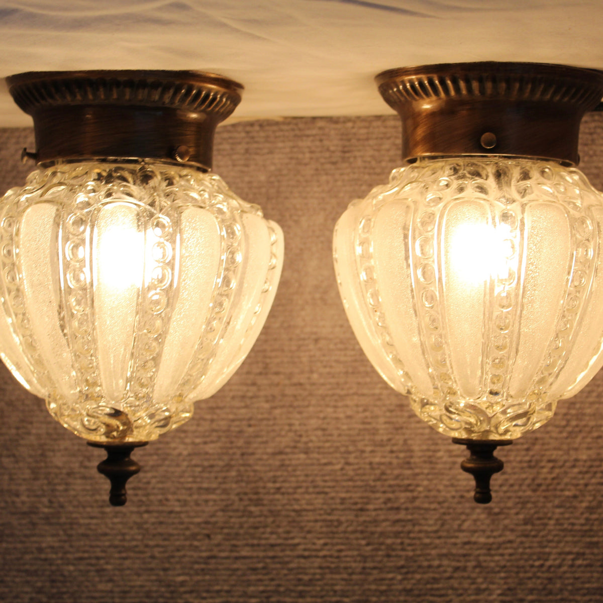 Vintage Art Deco Flush Mount Ceiling Lights Pair - Frosted Ribbed Melon Glass Fixtures - Set of 2