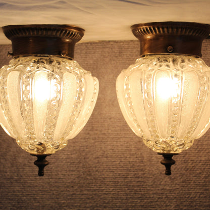 Vintage Art Deco Flush Mount Ceiling Lights Pair - Frosted Ribbed Melon Glass Fixtures - Set of 2