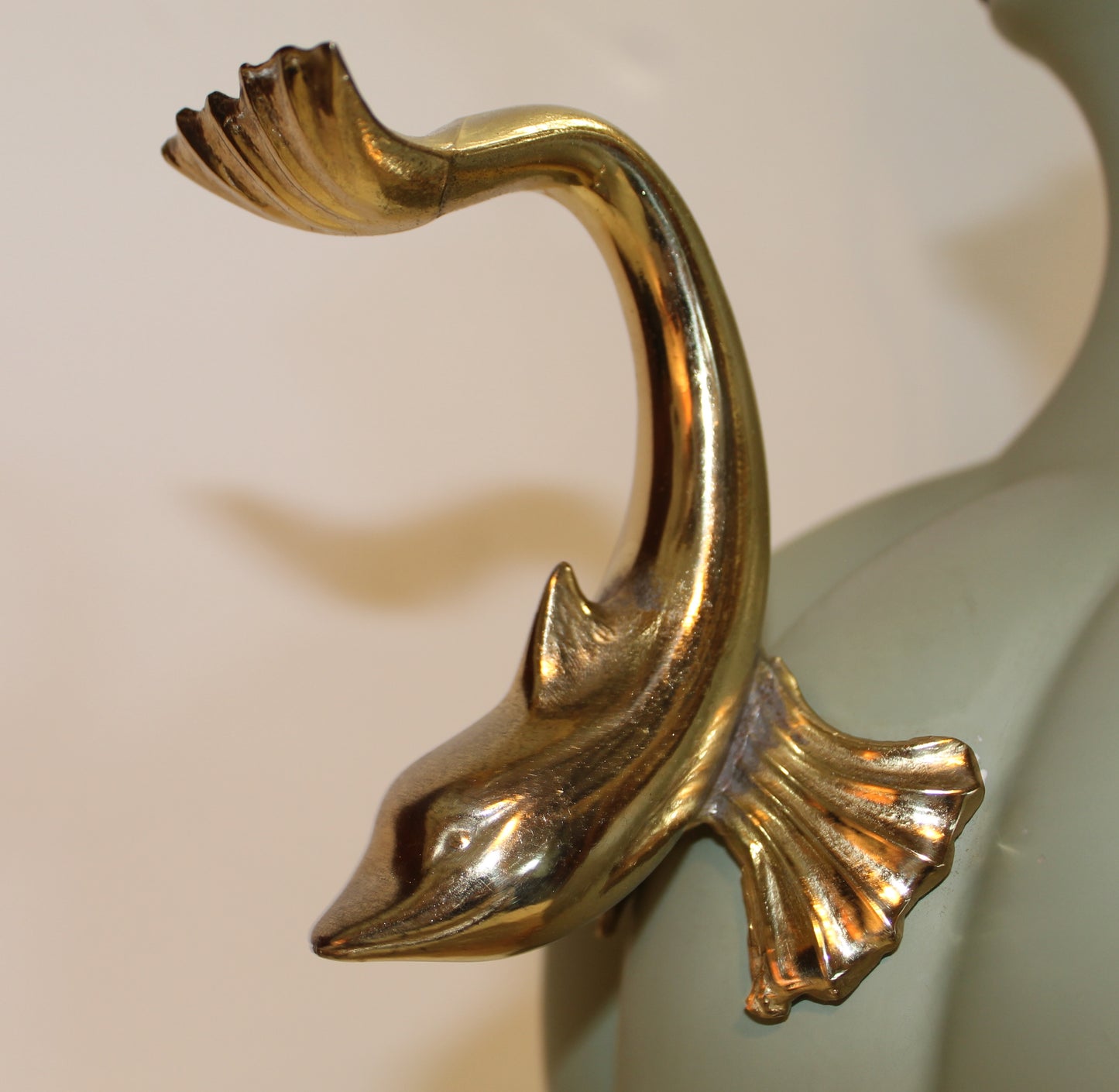 Vintage Brass Dolphins & Seafoam Ceramic Table Lamp