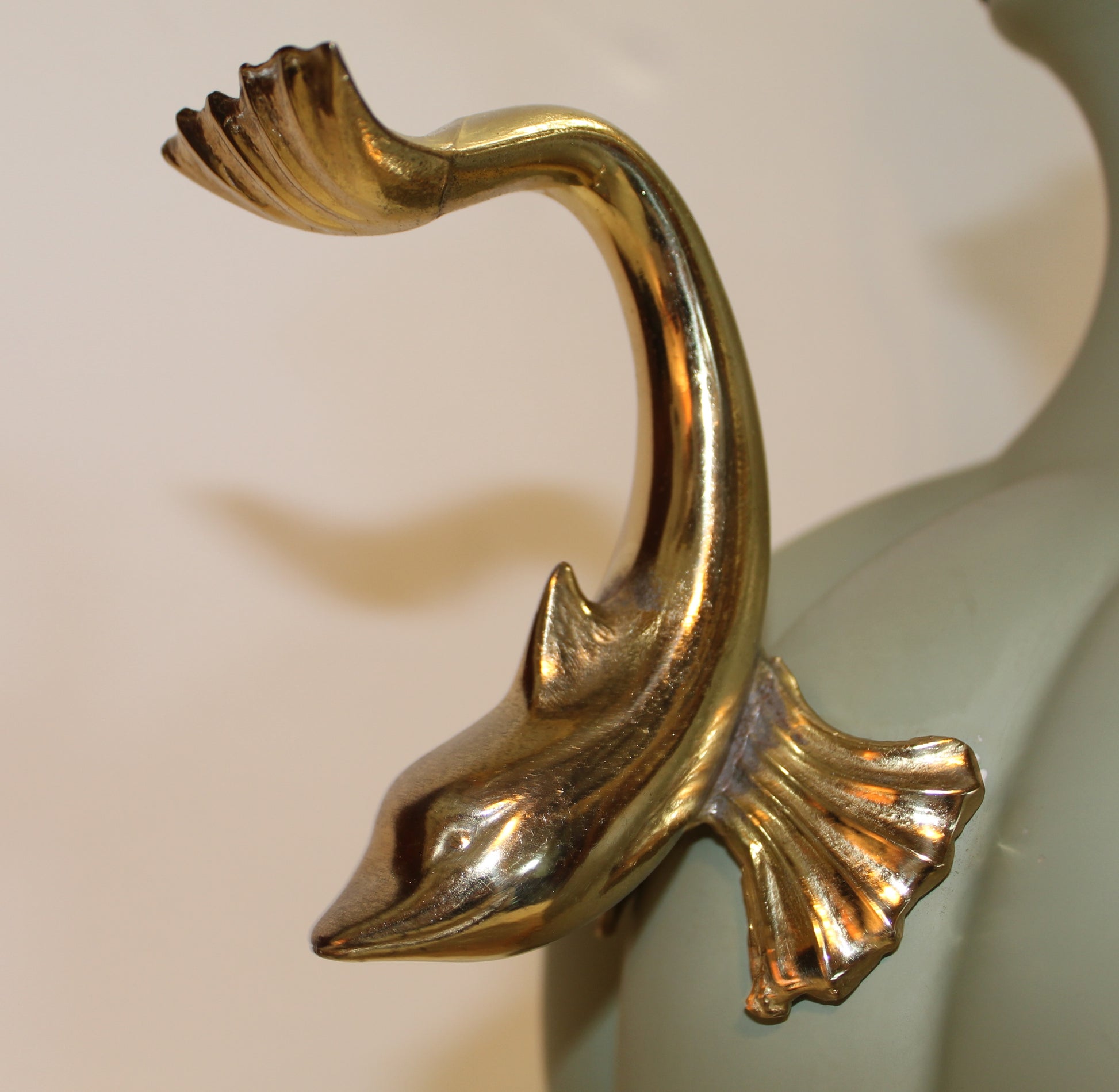 Vintage Brass Dolphins & Seafoam Ceramic Table Lamp